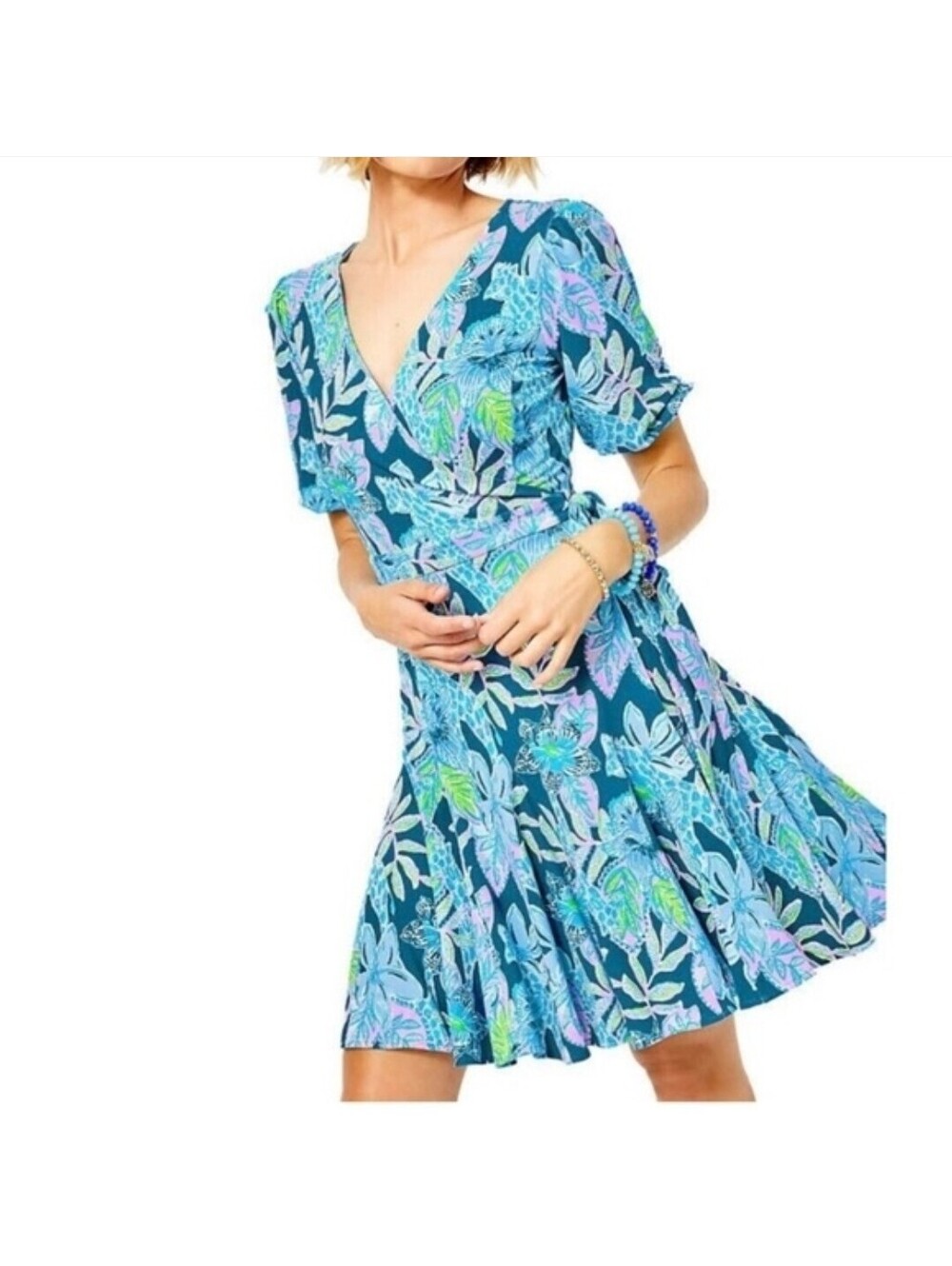 Lilly Pulitzer Kessler Wrap Dress Women's Sz M Floral Macaw Blue Pnk Puff Sleeve